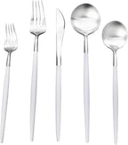 Gugrida White Silver Flatware, Royal 20-Piece Matte White Handle 18/10 Stainless Steel Tableware Sets for 4 Including Forks Spoons Knives, Camping Silverware Travel Utensils Set Cutlery (White Silver)