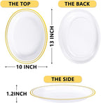 YOUBET 24PCS Oval Plastic Plates - 13 inch Super Strong White and Gold Disposable Platters, Heavy Duty Serving Trays for BBQ, Picnic, Party, Wedding, Thanksgiving