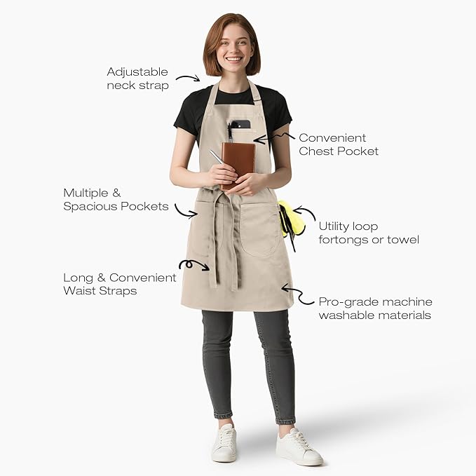 Unisex Apron with Pockets for Cooking, Salon & Art - 100% Cotton Adult Kitchen, Chef, Stylist Apron