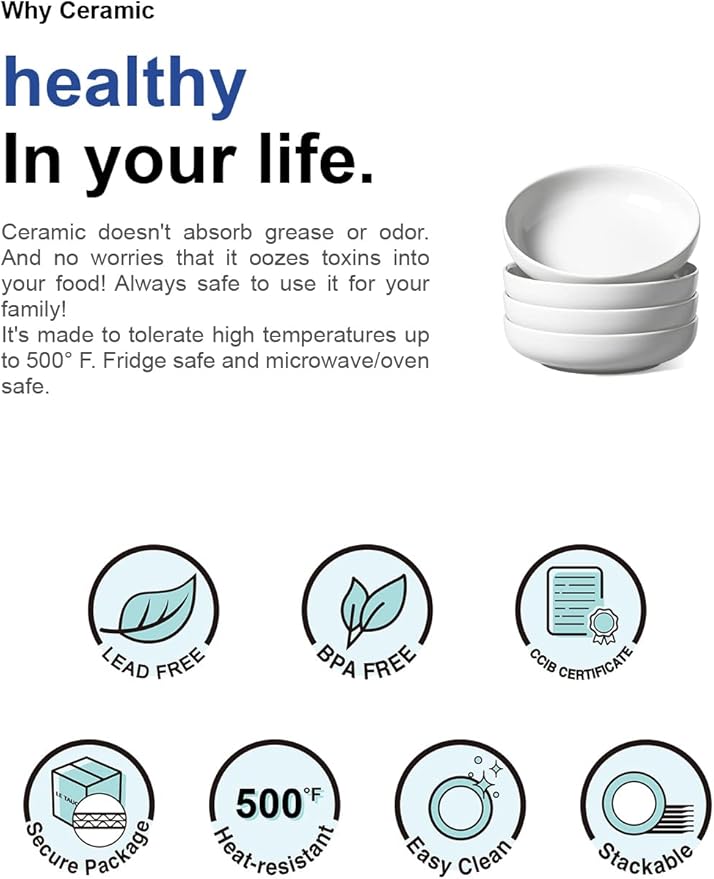 LE TAUCI Pasta Bowls 45 oz, Salad Bowls Set for Serving Soup, Pasta, Noodle, Dinner, Large Kitchen Bowl Plates, Microwave Safe - 8.5 Inch, Set of 4, White