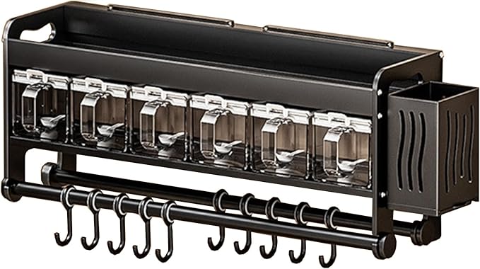 Hanging Wall Mount knife Wall Mount,Condiment Cup, Space-Saving Knife Rack with Hooks, Kitchen Organizer Storage Shelf for Utensils Spatula Spoon, Kitchen Utensil Hanger (Black, 48cm+6Cups+10Hooks)