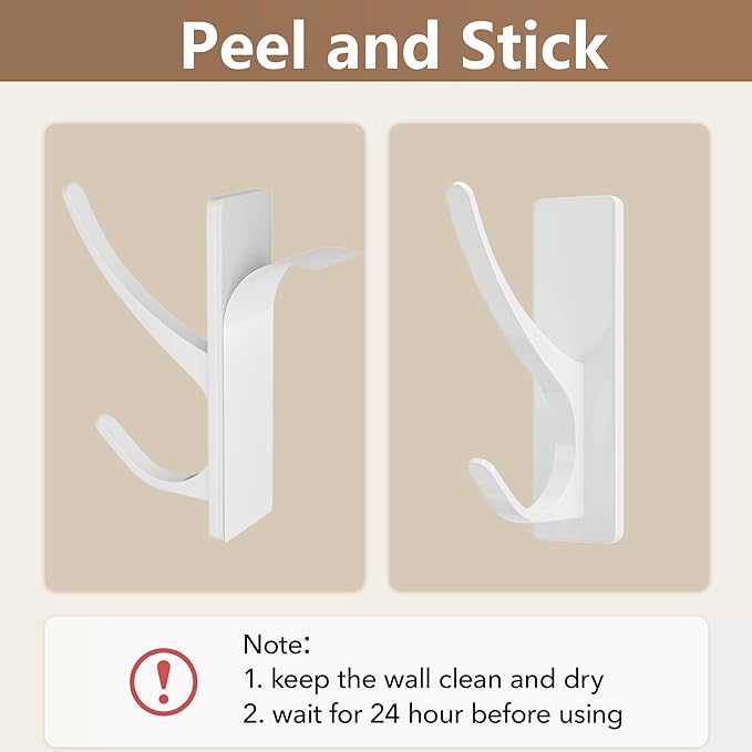 Self Adhesive Coat Hooks for Hanging, Heavy Duty Stainless Double Wall Hook for Towel, Backpack, Hat, Sturdy Metal Hanger for Bathroom, Bedroom, Door, Wall Mounted, 10 Pack, White