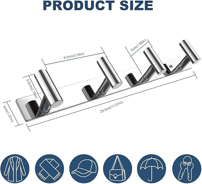 VAEHOLD Hat and Coat Wall Mount Rack - Hooks for Robes, Bags, Keys, and Towels - Bathroom Towel Hanger Organizer (Polished Chrome, “T“ Shape 4 Hooks 1 Pack)