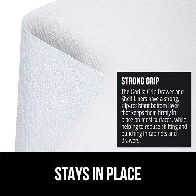 GORILLA GRIP Slip Resistant Drawer and Shelf Liner 2 Pack, Non Adhesive Water Resistant, Easy Clean and Trim, Smooth Surface Liners for Kitchen Cabinet, Shelves, Drawers, Pantry, 12 in x 20 FT, White