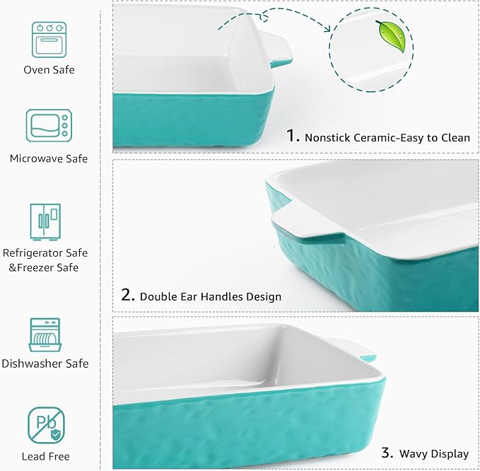 4 QT Baking Dish, Casserole Dishes for Oven, 9x13 Baking Pan with Handles, Lasagna Pan Deep, Ceramic Casserole Dish Oven Safe for Baking, Lasagna, Kitchen, Wedding Gift (Aquamarine)