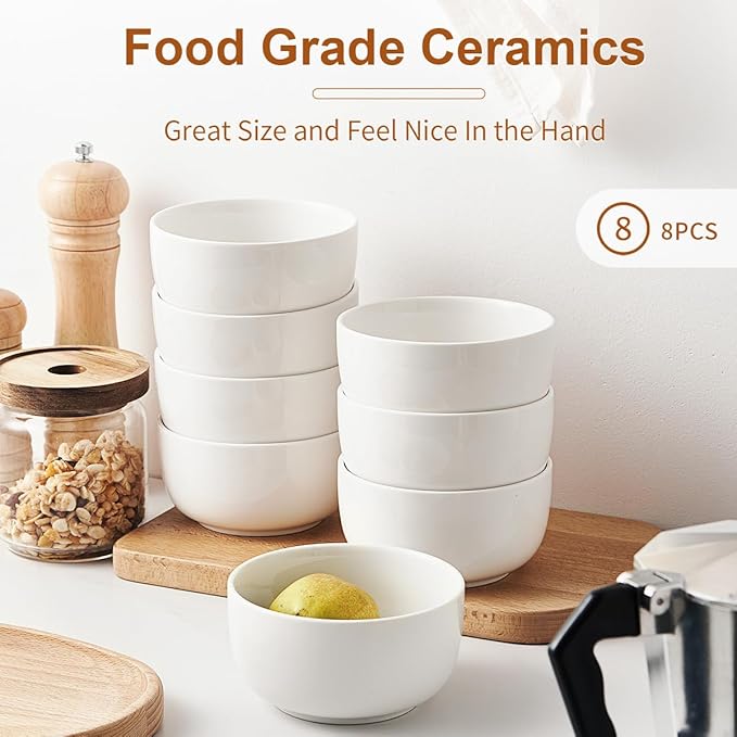 Jassceram Ice Cream Bowls Set of 8,12 Oz Ceramic Small Bowls for Soup, Side dishes, Cereal Bowls for Dessert, Snack, Suitable for Portion Control - Dishwasher & Microwave Safe, 4.5 Inch, White