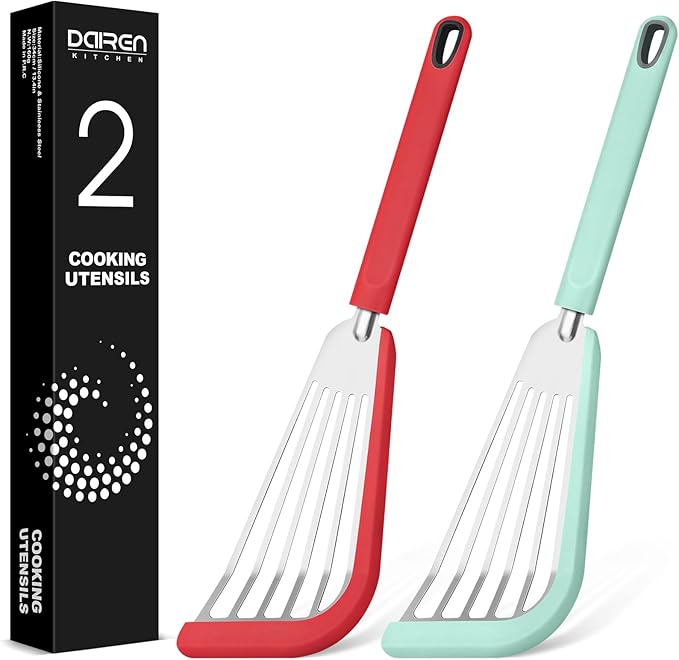 Silicone Fish Spatula Turner Set of 2, Thin Slotted Spatulas Turner for Nonstick Cookware,Heat Resistant Flexible Stainless Steel Kitchen Cooking Spatula Flipper for Fish, Egg, Pancake (RGN)