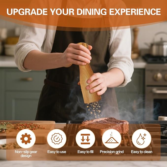 Wooden Pepper Grinder – 【Gear-Shape Knob & Effortless Grinding】8 in Salt Grinder Refillable & Pepper Mill with Adjustable Coarseness,Beech + Black Walnut, Premium Ceramic Mechanism for both kitchen