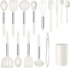 Silicone Kitchen Utensils Set, 15pcs White Silicone Cooking Utensils Set with Holder, Includes Heat Resistant Spatula Turner Spoon Whisk Tong