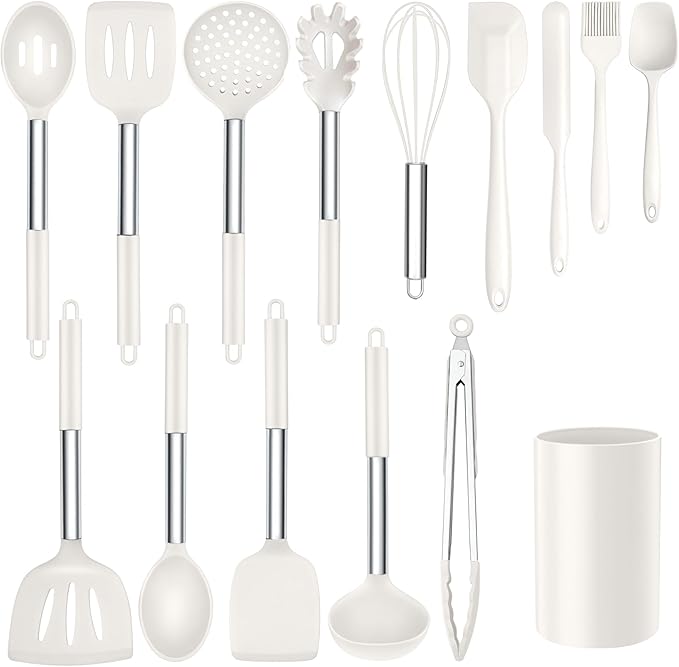 Silicone Kitchen Utensils Set, 15pcs White Silicone Cooking Utensils Set with Holder, Includes Heat Resistant Spatula Turner Spoon Whisk Tong