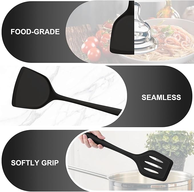 TeamFar Silicone Cooking Utensils Set of 5, Kitchen Utensils Solid & Slotted Spoons Turners Pasta Server for Nonstick Cookware, Healthy & Heat-Resistant, Seamless & Non-Scratch, Dishwasher Safe, Black