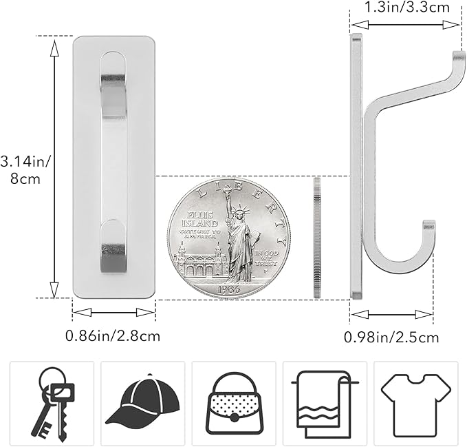 pickpiff Wall Hooks for Coat and Towel: 13LB Adhesive Door Hanger Stick on, Silver 4 Pack