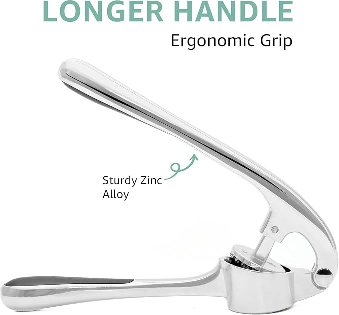 GD Premium Garlic Press Set – Rust-Proof Stainless Steel Garlic Mincer Tool – Easy-Squeeze, Easy-Clean with Soft Ergonomic Handle – Dishwasher Safe, Includes Silicone Peeler & Brush (Imperial Silver)