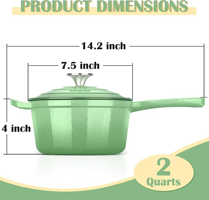 E-far Enameled Cast Iron Sauce Pan, 2 Quart Dutch Oven Saucepan with Lid, Small Sauce Pot for Cooking, Boiling, Healthy & Non Toxic, Induction & Oven Safe, Pistachio Green