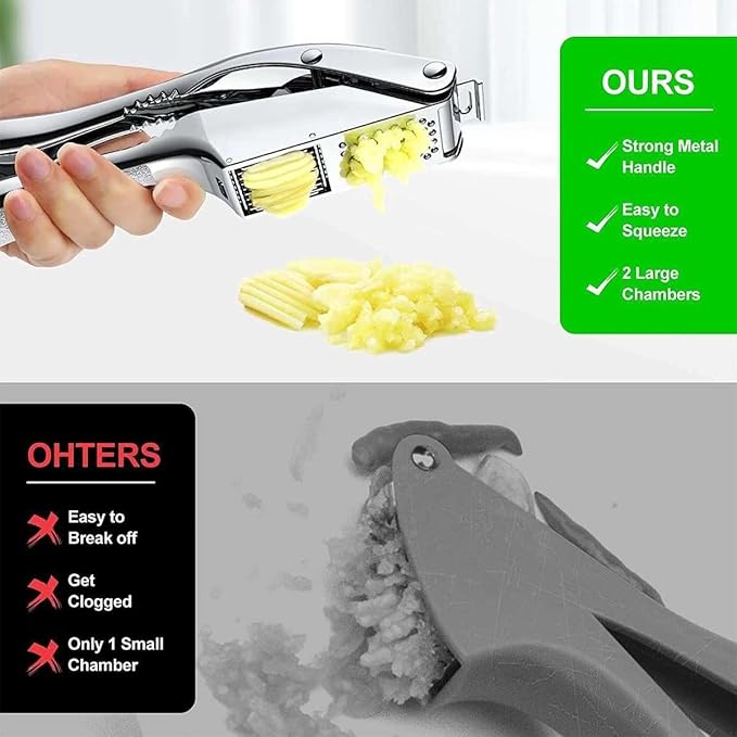 3-in-1 Stainless Steel Garlic Press & Peeler Machine - Professional Garlic Mincer, Crusher, and Chopper with Silicone Peeler & Brush - Essential Kitchen Gadget for Perfectly Minced Garlic