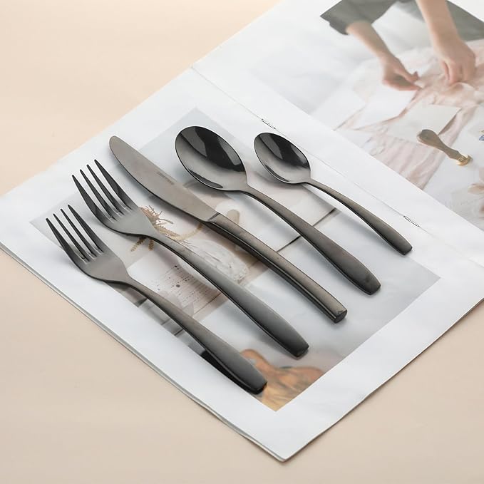 Black 60 Piece Silverware Set,Stainless Steel Flatware Set for 12,18/0 Rust-Proof Cutlery Set with Forks & Spoons,Mirror Polished Dishwasher Safe - Heavy Duty Tableware for Home & Dining