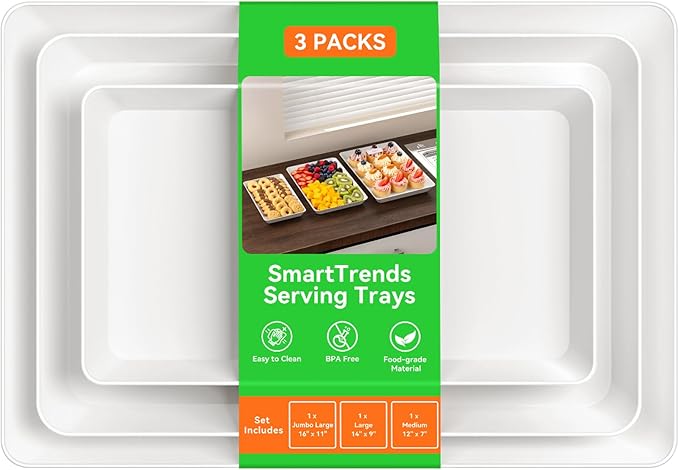 3-Pack Serving Tray for Parties, Serving Platter in 3 Sizes for Entertaining, Camping & Food Display, Plastic Trays for Cookies, Dessert, Stackable Rectangular Platters for Family(White)
