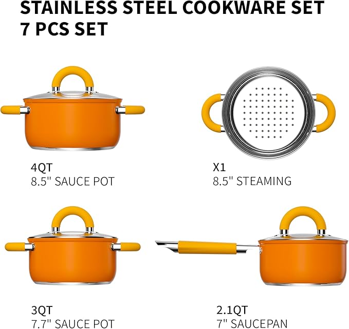 18/8 Stainless Steel Cookware Set, 7 PCS Pots and Pans Set, 4 3 2 QT Pot Pan with Lid and Steamer, Compatible with All Stovetops, Dishwasher Safe