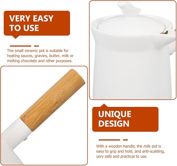 BESTonZON Ceramic Milk Warmer Pot 350ml Enamel Pan Non-stick Saucepan With Lid Porcelain Coffee Pot Food Bowl Butter Warmer With Wooden Handle for Heating Liquid Appetizer