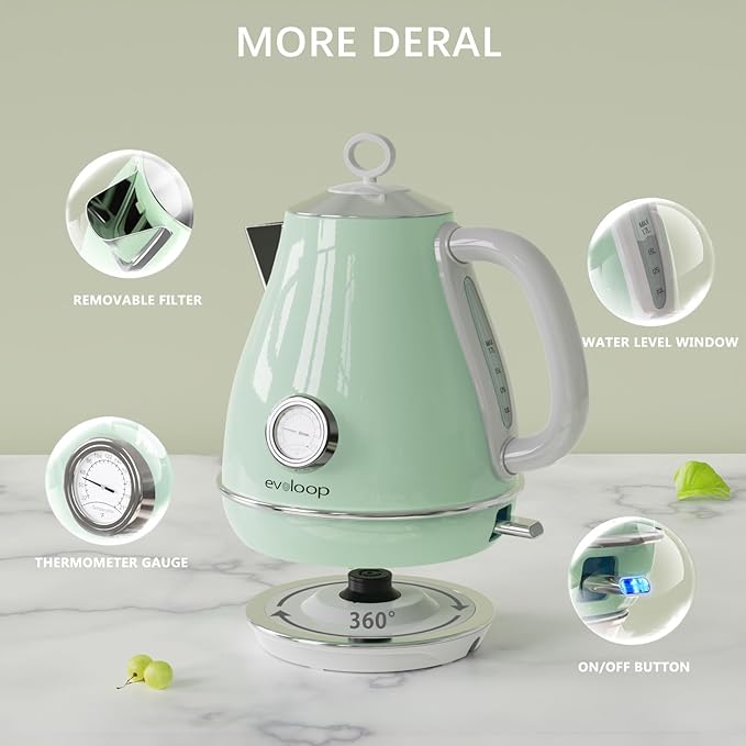 Electric Tea Kettle, 1500W /1.7 Liter Hot Water Boiler Heater Pot, Retro Electric Kettle with Thermometer, Auto Shut-Off & Boil-Dry Protection, BPA Free,Stainless Steel Teapot