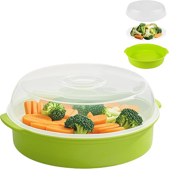 Microwave Steamer for Vegetables, Plastic Microwave Vegetable Steamer with Lid for Vegetables Prep Seafood Fish Cooking, Green-Round, 10Inch