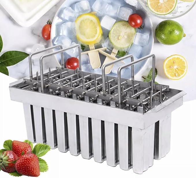 20PCS Commercial Popsicle Molds Heavy Duty Stainless Steel Popsicle Maker Kit with Brush & Sticks, 85g Capacity per Slot, DIY Yogurt Ice Cream Tools for Home Restaurants (Flat Head Double Groove)