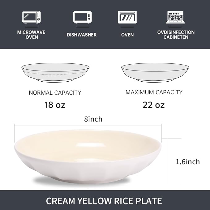 Set of 6 Dinner Plates 8 Inch, Yellow Porcelain Plates, Microwave Oven Dishwasher Safe Scratch Resistant