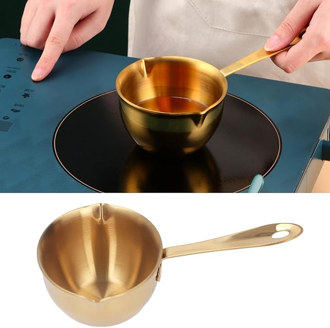 Stainless Steel Milk Pan, Mini Butter Warmer Saucepan Professional Cooking Sauce Pan with Pour Spouts for Milk Chocolate Hot Oil (Gold)