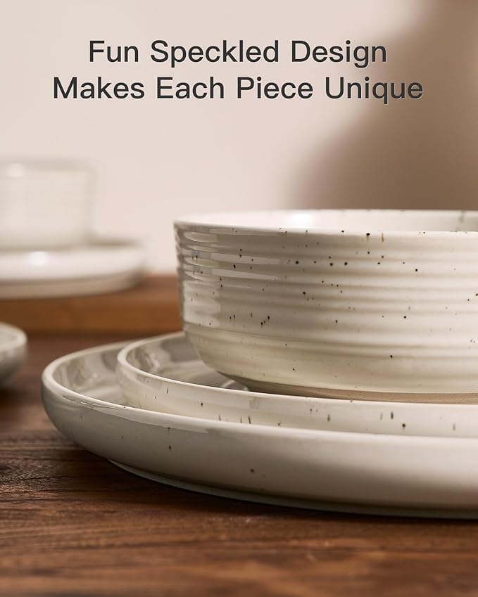 Stoneware Dinnerware Sets, Plate and Bowl Sets for 4, 12 Pieces Spiral Flared Dishware Set with Speckles & Reactive Glaze - Microwave and Dishwasher Safe Tableware, Shell Beige