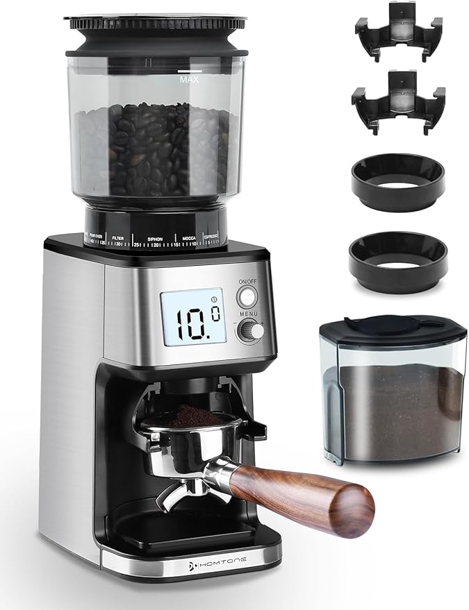 Homtone Conical Burr Coffee Grinder – 51mm Stepless Electric Espresso Grinder with Grind Settings, Automatic Timer, Low Noise, with Portafilter Holders, for Home and Commercial Use, Grade for Baristas
