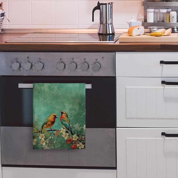 Cute Birds Kitchen Towels Decorative Set, Green Absorbent Dish Towels Tea Towels Hand Towels for Kitchen Bathroom Bar Farmhouse Decor,Gifts for Bird Lovers