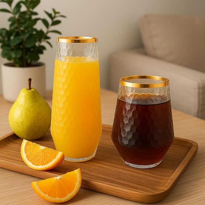 48 Pack Ribbed Origami Ripple Plastic Glasses 24 9oz Stemless Champagne Flutes & 24 12oz Cups BPA-Free, Disposable, Shatterproof Drinkware for Weddings, Bars, Events (Hammered Diamond Gold Rim)