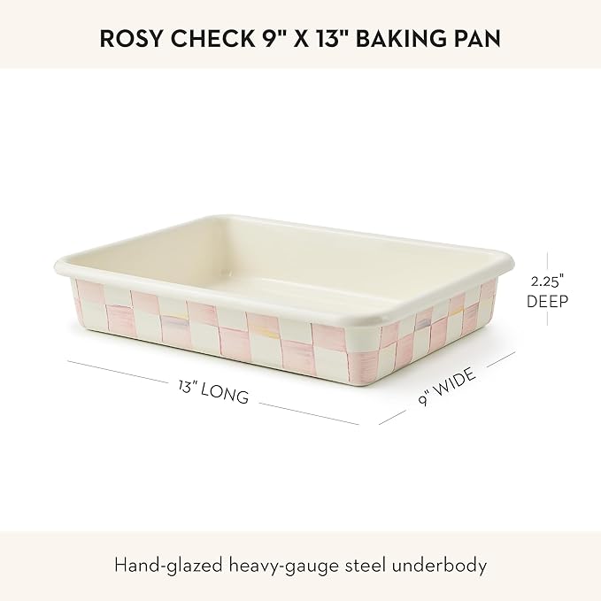 MACKENZIE-CHILDS Enamel Baking Pan for Oven, Rectangular Oven Pan, 9" x 13", Pink-and-White Rosy Check