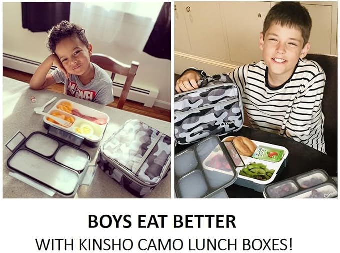 Bento Box with Insulated Lunch Bag and Ice Pack. Lunch Container with 3 Divided Leak-Resistant Compartments Perfect for Work or School, Adults Boys Kids, Black with Camo Bag