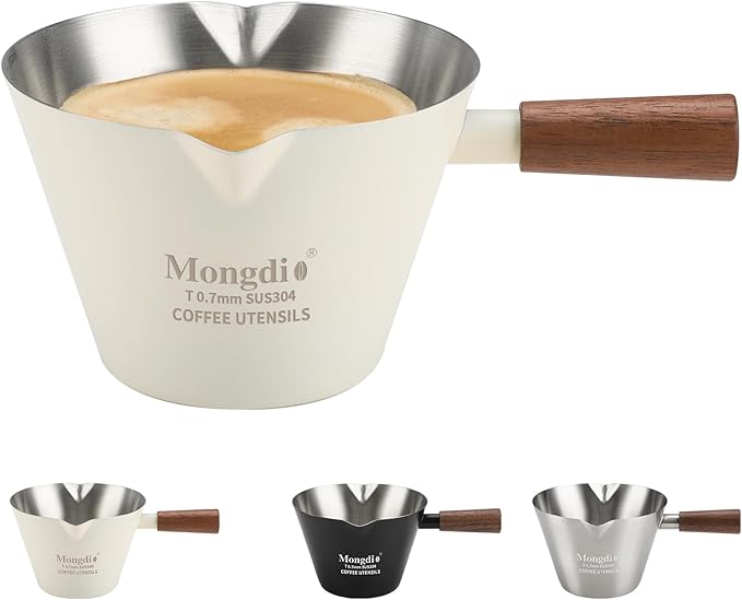 Mongdio Espresso Measuring Cup, Stainless Steel Espresso Shot Cups with Wooden Handle and Double Spouts, 6.8OZ/200ML, White