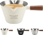 Mongdio Espresso Measuring Cup, Stainless Steel Espresso Shot Cups with Wooden Handle and Double Spouts, 6.8OZ/200ML, White