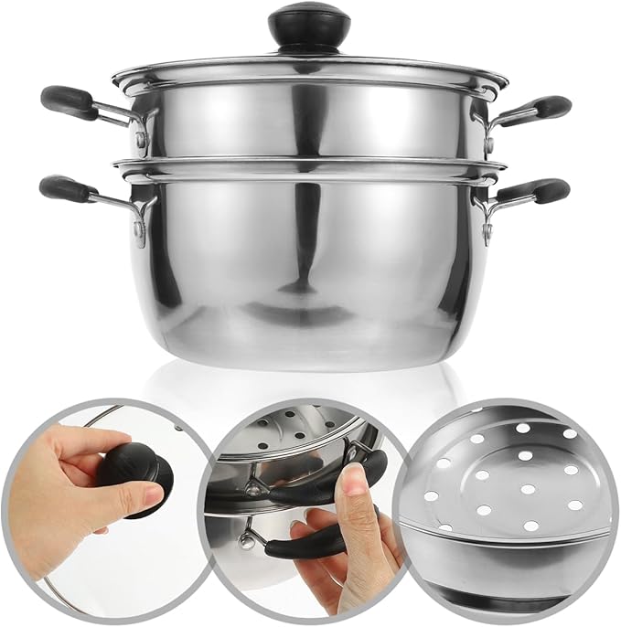 PRETYZOOM Stainless Steel Steamer Pot 9 Inch with Lid Multi-Use Cooking Steamer for Vegetables Seafood Soup Kitchen Cookware
