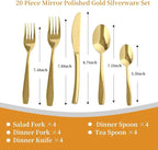 Gold 20 Piece Silverware Set,Stainless Steel Flatware Set for 4,18/0 Rust-Proof Cutlery Set with Forks & Spoons,Mirror Polished Dishwasher Safe - Heavy Duty Tableware for Home & Dining