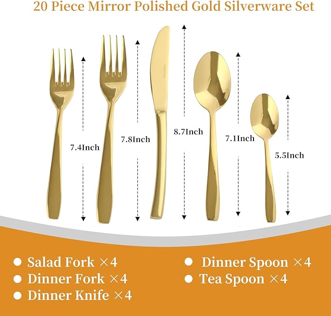 Gold 20 Piece Silverware Set,Stainless Steel Flatware Set for 4,18/0 Rust-Proof Cutlery Set with Forks & Spoons,Mirror Polished Dishwasher Safe - Heavy Duty Tableware for Home & Dining