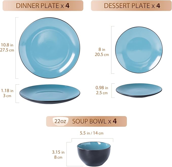 Plates and Bowls Sets for 4 - CJDC-QUELO 12-Piece Stoneware Dinnerware Sets, Ceramic Dishware Set for Indoor Kitchen Use and Formal Dining, Chip and Scratch Resistant Microwave Dishwasher Safe