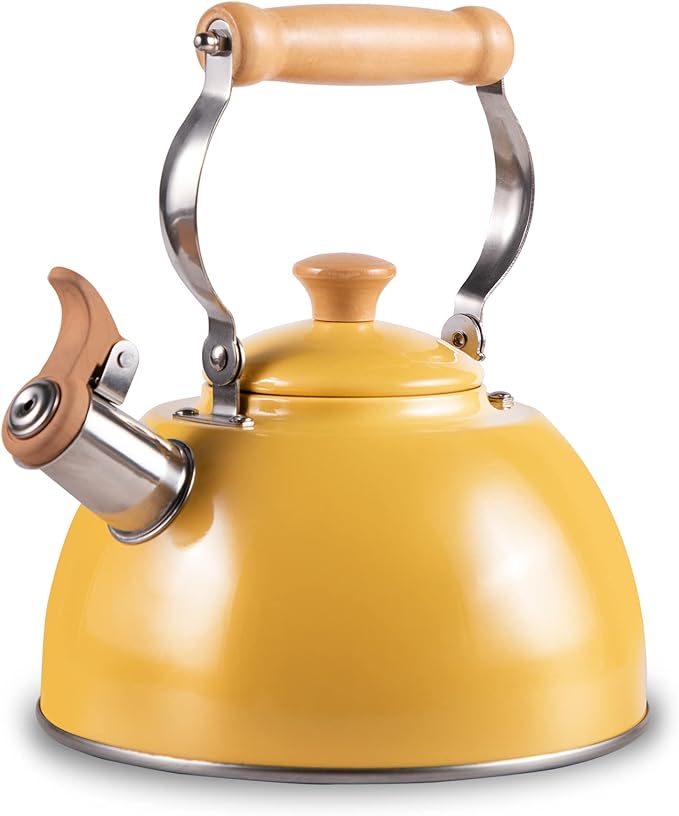 ROCKURWOK Tea Kettle, Tea Pot with Cool Touch Ergonomic Handle, Teapot Food Grade Stainless Steel, Tea Kettle Stovetop, Kettle Teapot, Whistling Tea Kettle, Tea Pot, 2.7 Quart (Yellow)