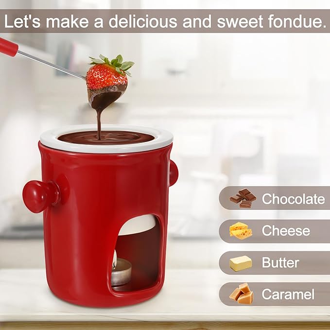 BSTKEY 280ML Ceramic Butter Warmer Set with 2 Forks, Fondue Pot Melting Pot Set, Melt Hot Pot Bowl Set for Cheese Chocolate Butter Caramel (Red)