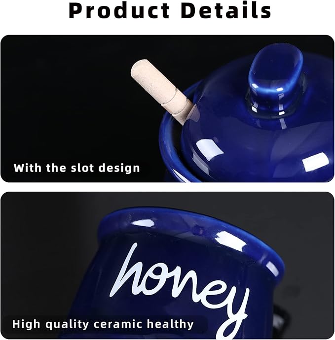 ONTUBE Honey Jar with Dipper and Lid, Ceramic Honey Pot 12oz (Navy)