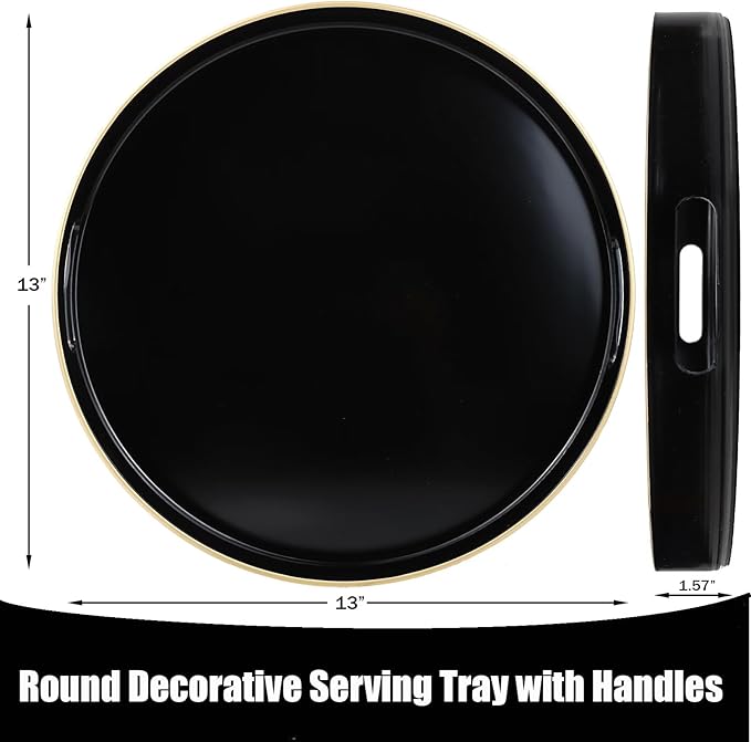 Black Round Decorative Tray with Handles, 13" Versatile Serving Tray for Coffee Table, Ottoman, Ideal for Serving, Displaying, Organizing