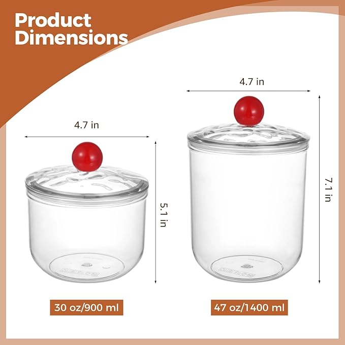 2 Pcs Plastic Candy Jars, Clear Storage Containers with Lids, Airtight Food Storage Canisters, Wide Mouth Apothecary Jars, Kitchen Organization Containers, 47 oz & 30 oz