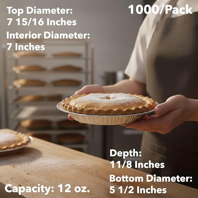1000-Pack 7 15/16" Foil Pie Pans - Deep 1 1/8" Disposable Aluminum Pie & Tart Pans with Full Curl Rim - For Bulk Baking, Portion Prep, To-Go Meals, Market Stands & Foodservice Lines