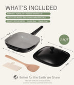 10.5 Inch(3.8QT) Deep Frying Pan,Non Stick Frying Pans Cast Aluminum,Ti-Ceramic Non Toxic Pix Pan with Lid,Natural Wooden Spatula and Loofah Scrubber-Midnight Hearth