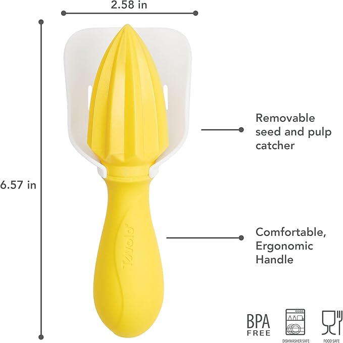 Tovolo Citrus Reamer with Seed Catcher, White & Yellow – Ergonomic Handheld Juicer for Lemons, Limes, Oranges, BPA-Free, Dishwasher Safe