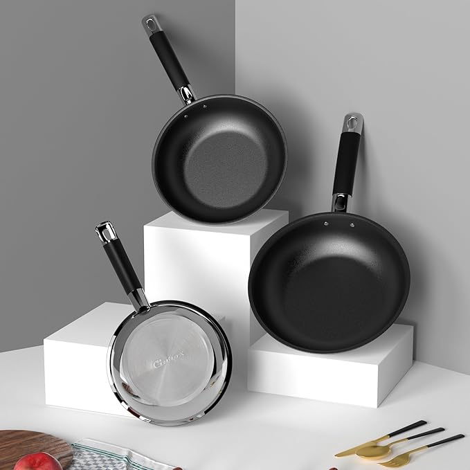 Non Stick Frying Pans, 3 PCS 18/8 Stainless Steel Nonstick Skillet Set, 10” 11.5” 5” Pan, Compatible with All Stoves