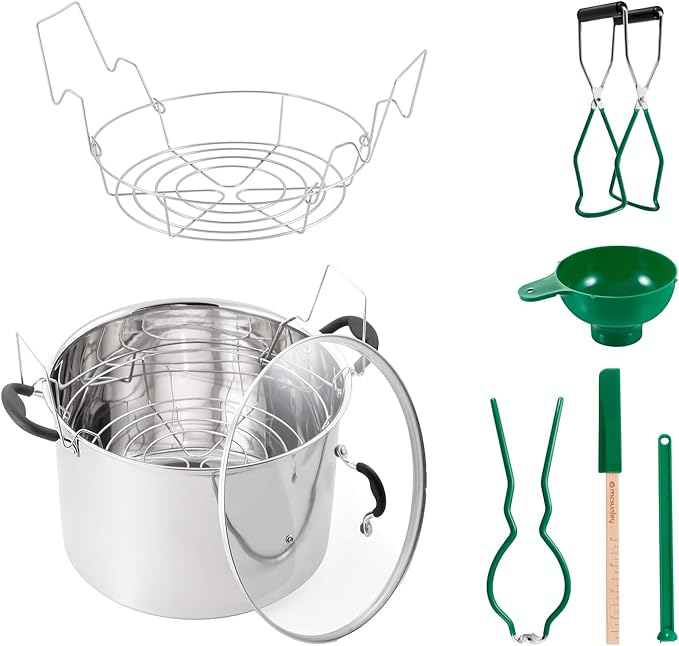 Water Bath Canner 7-Piece Set, Includes Stainless Steel 21.5Qt Induction Capable Canner with Glass Lid, + 1 Stainless Steel Prep-N-Cook Canning Rack, + 1 Jar Wrench, + 1 Bubble Remover, + 1 Lid Lifter